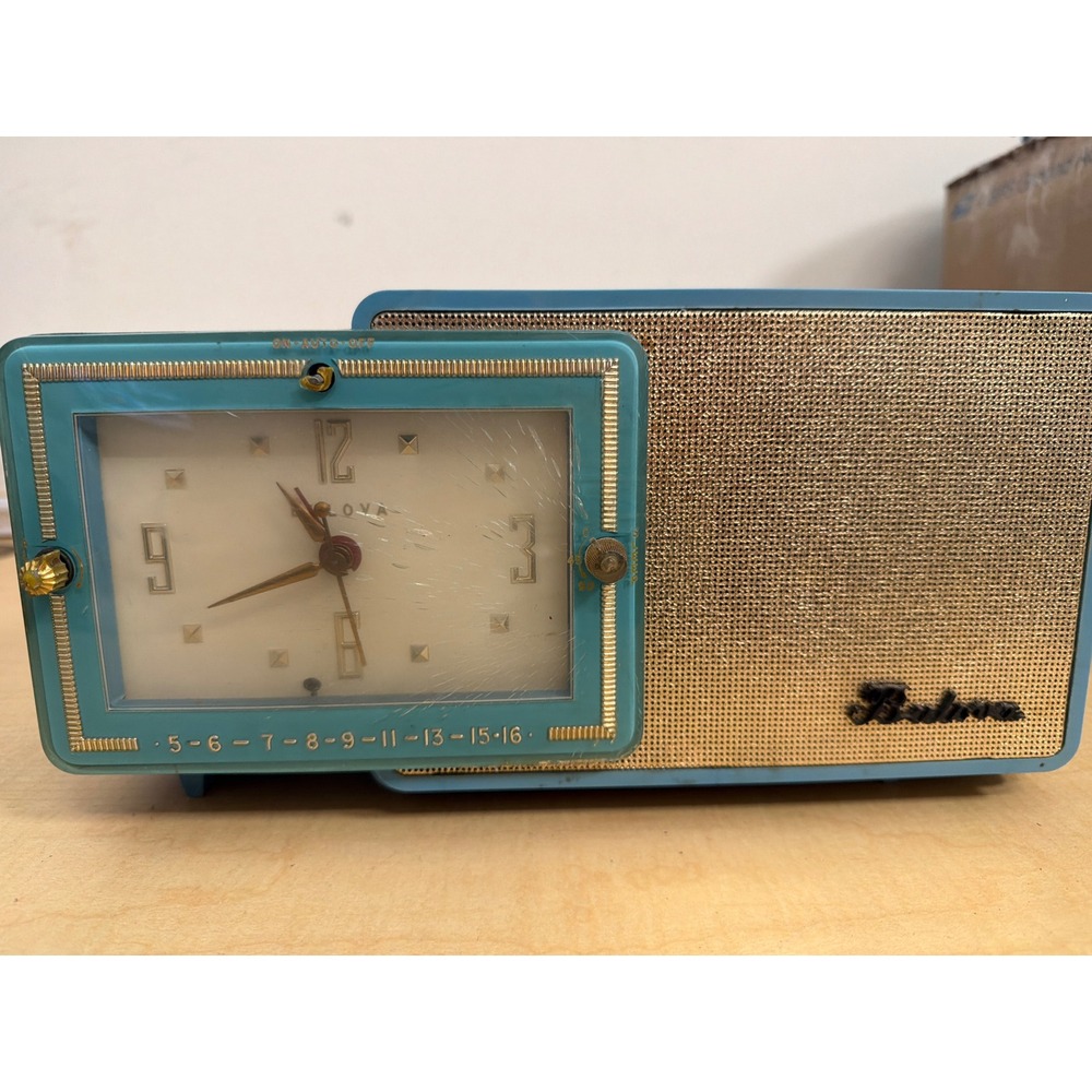 Vintage Bulova Model 100 Clock Radio Turquoise Blue Mid Century Modern MCM AM